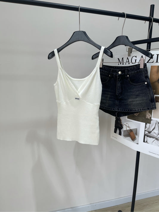M 25 white logo deep V knitted camisole
