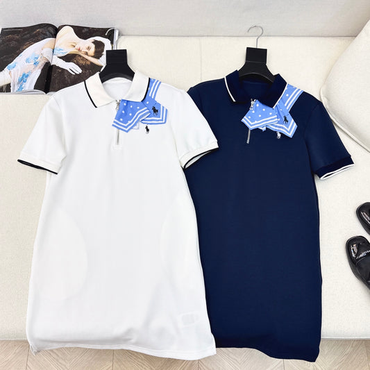 R 25Ss Early Fall New Polka Dot Classic Pattern Print Scarf Decorated Polo Lapel Dress