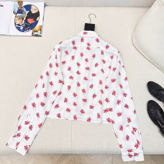 M 25Ss Early Fall New Pastoral Holiday Style Little Red Flower Short Shirt