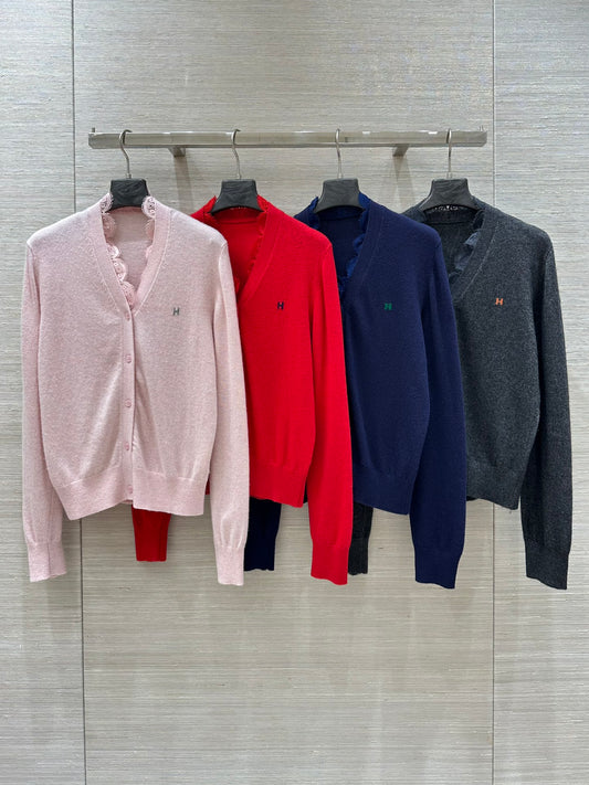 H 25 new style neckline lace design classic V-neck cashmere cardigan