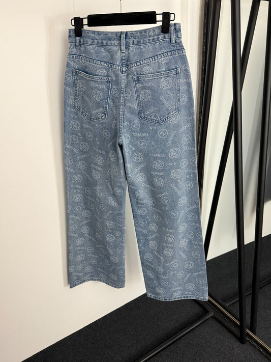 C 25 Camellia logo letter print high waisted straight leg denim pants