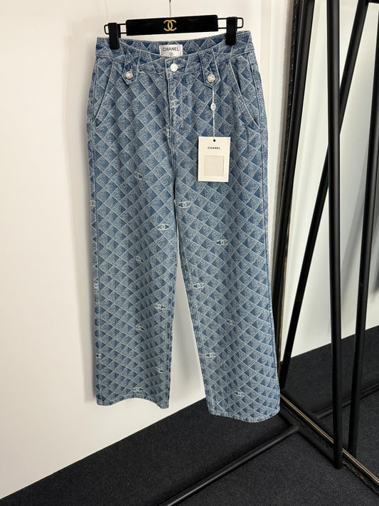 C 25 New 3D Plaid Printed Denim Trousers