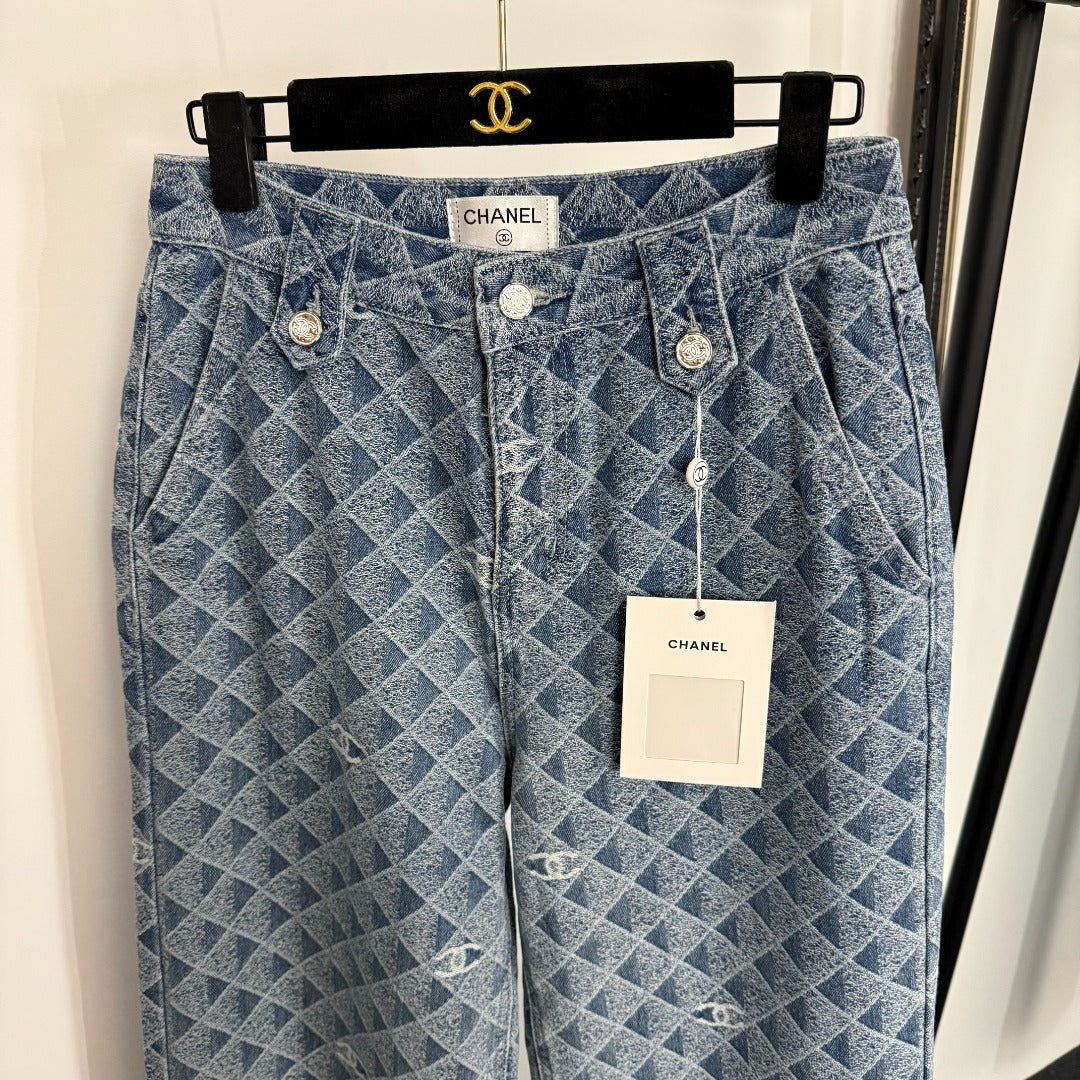 C 25 New 3D Plaid Printed Denim Trousers