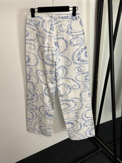 C 25 New Camellia logo positioning print fashion denim pants