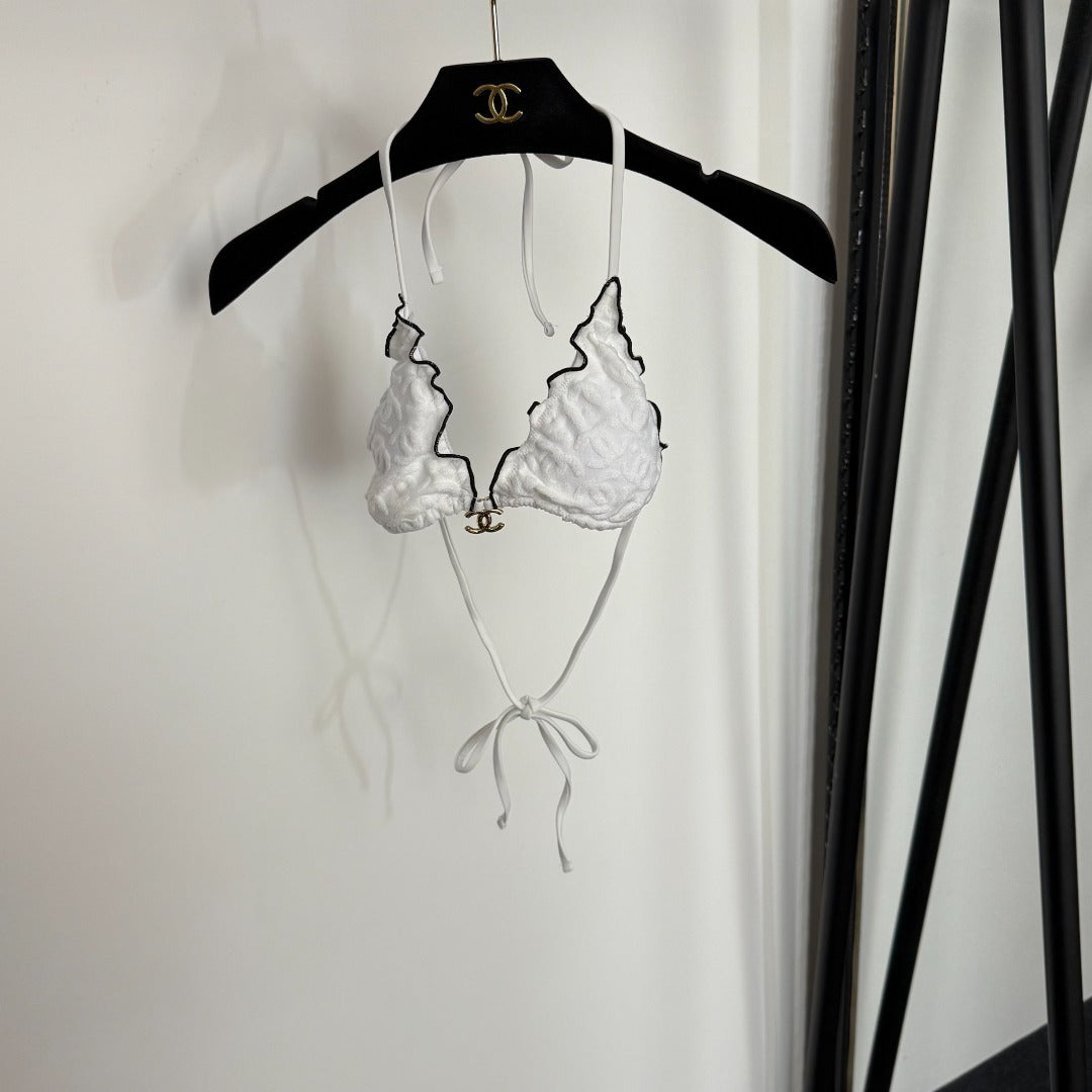 C 25 Nouveau maillot de bain bikini en tissu éponge avec logo fendu (BLANC NOIR)