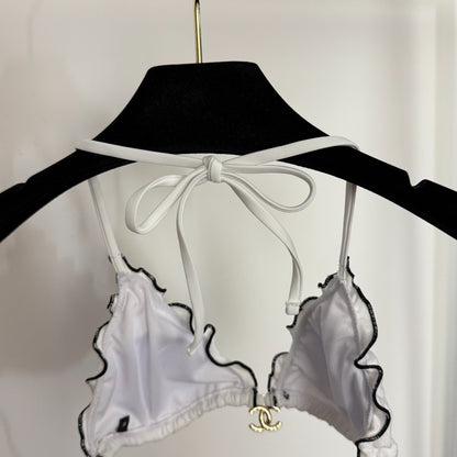 C 25 Nouveau maillot de bain bikini en tissu éponge avec logo fendu (BLANC NOIR)
