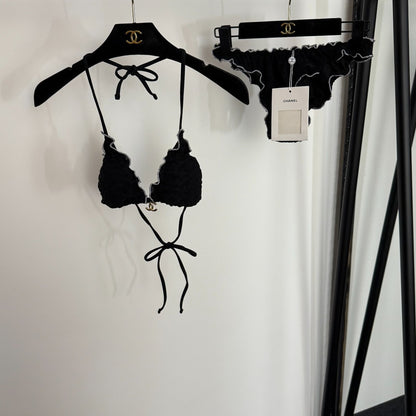 C 25 Nouveau maillot de bain bikini en tissu éponge avec logo fendu (BLANC NOIR)