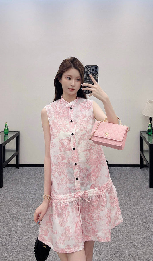 D 25 new style stand-up collar sleeveless printed vest dress.
