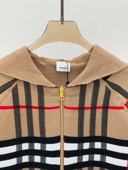 BU 25 Early Fall New Hooded Plaid Simple Two-Way Knit Jacket