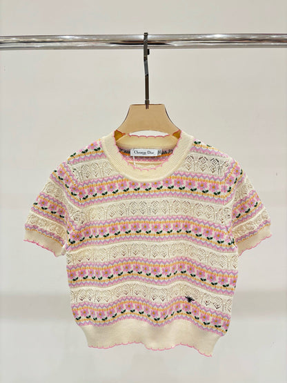 C 25 Spring and summer new round neck Striped hollow print Knit short sleeve