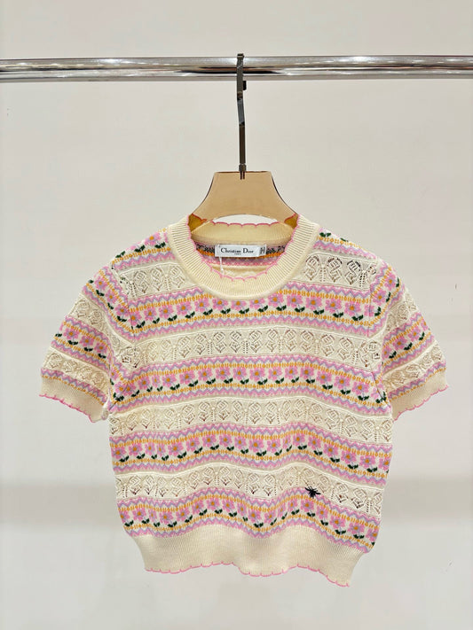 C 25 Spring and summer new round neck Striped hollow print Knit short sleeve
