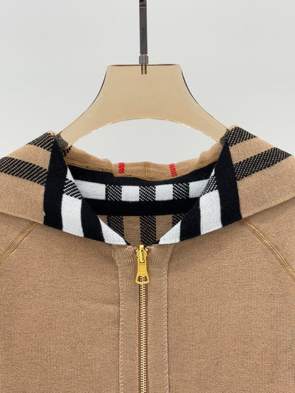BU 25 Early Fall New Hooded Plaid Simple Two-Way Knit Jacket