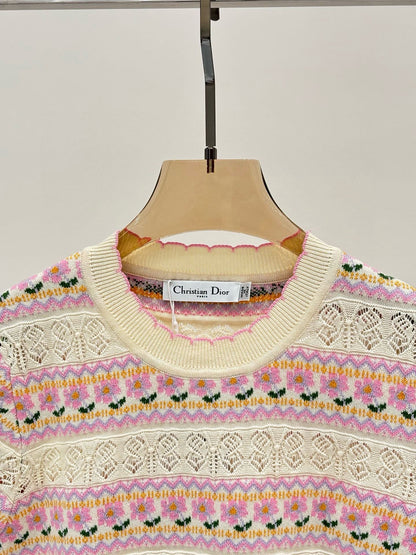 C 25 Spring and summer new round neck Striped hollow print Knit short sleeve