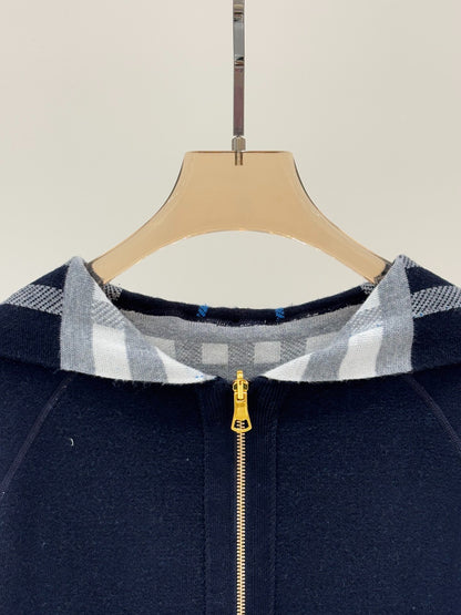 BU 25 Early Fall New Hooded Plaid Simple Two-Way Knit Jacket