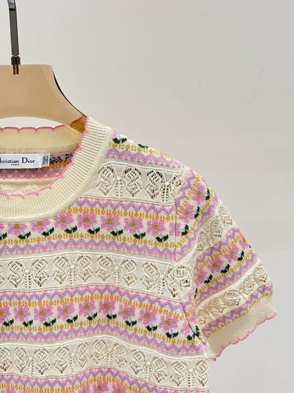 C 25 Spring and summer new round neck Striped hollow print Knit short sleeve