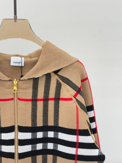 BU 25 Early Fall New Hooded Plaid Simple Two-Way Knit Jacket