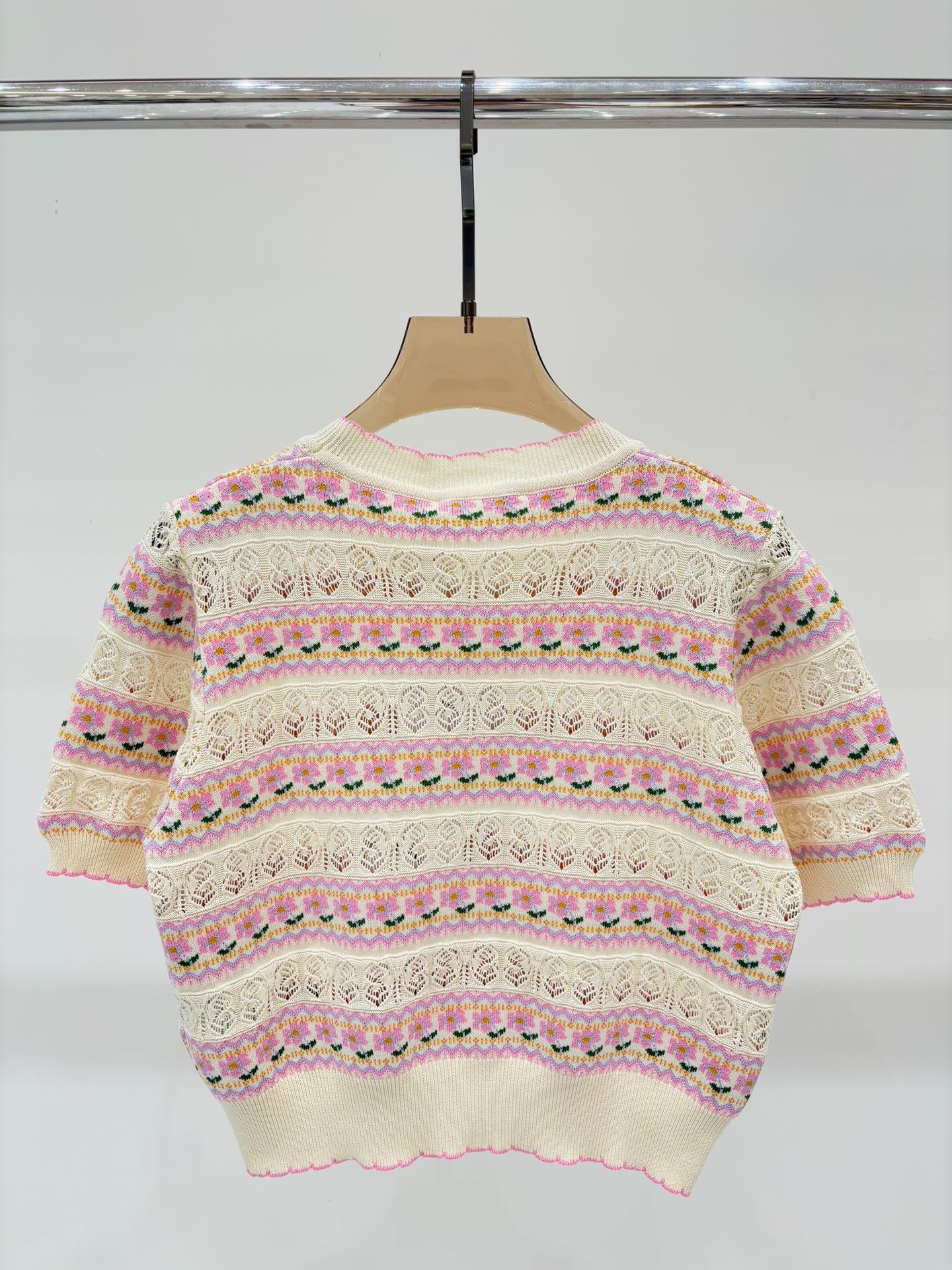 C 25 Spring and summer new round neck Striped hollow print Knit short sleeve