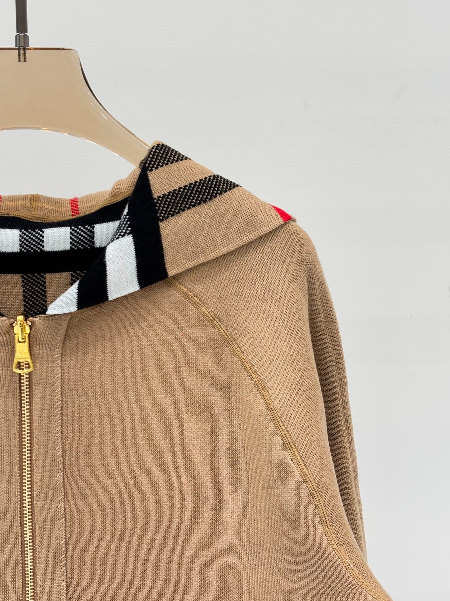 BU 25 Early Fall New Hooded Plaid Simple Two-Way Knit Jacket