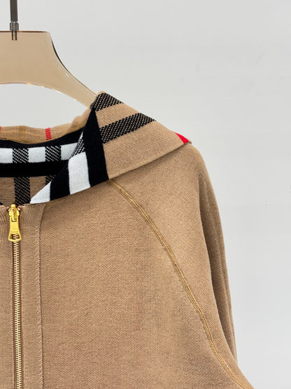 BU 25 Early Fall New Hooded Plaid Simple Two-Way Knit Jacket