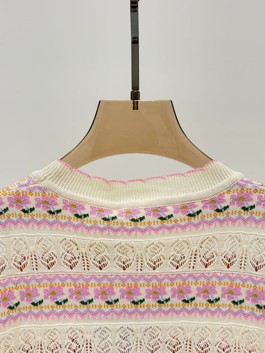 C 25 Spring and summer new round neck Striped hollow print Knit short sleeve