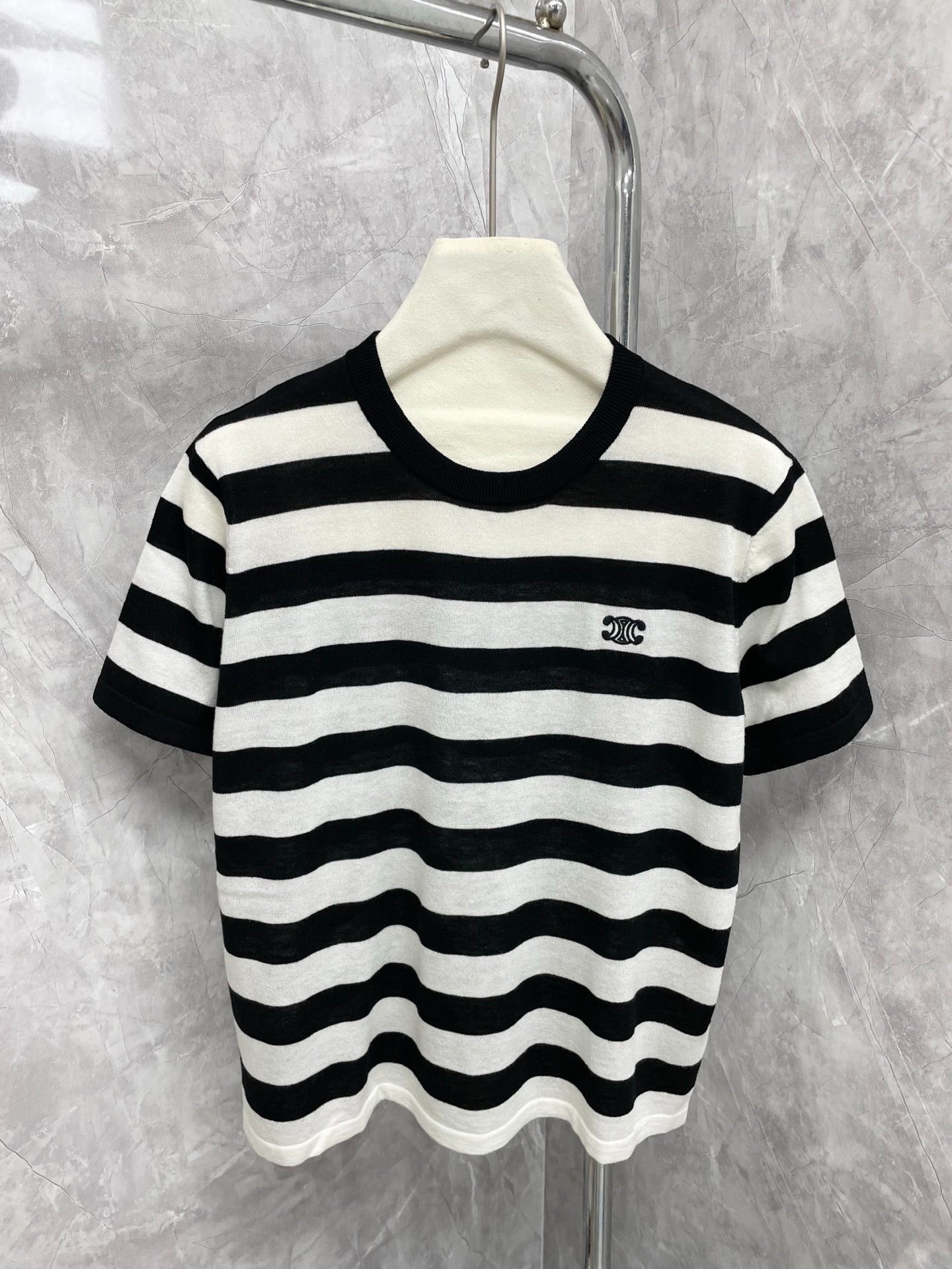 CE 25 New Classic Black and White Striped Arc de Triomphe Embroidered Short Sleeve