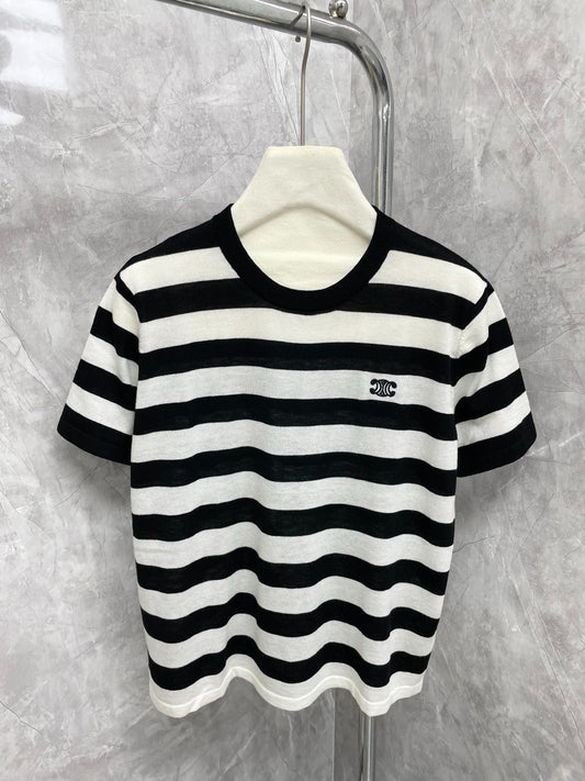 CE 25 New Classic Black and White Striped Arc de Triomphe Embroidered Short Sleeve
