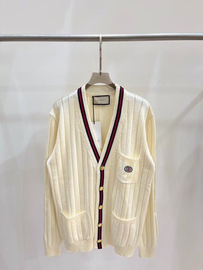 G 25 V-Neck Knit Vertical Stripe Knit Cardigan