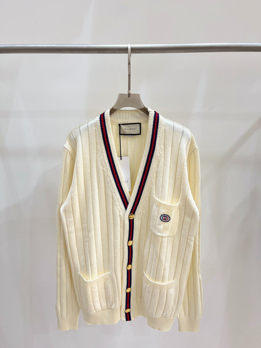 G 25 V-Neck Knit Vertical Stripe Knit Cardigan