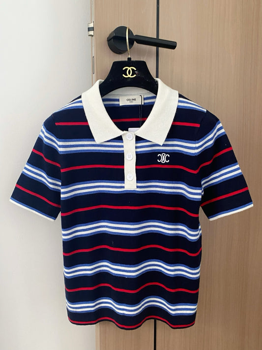 CE 2𝟓 New Striped Lapel Embroidered 𝐥𝐨𝐠𝐨 Short Sleeve