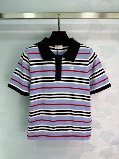 CE 2𝟓 New Striped Lapel Embroidered 𝐥𝐨𝐠𝐨 Short Sleeve