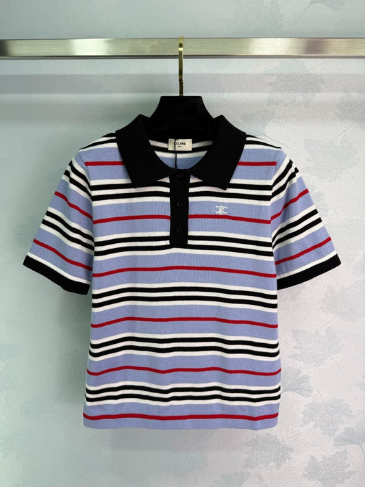 CE 2𝟓 New Striped Lapel Embroidered 𝐥𝐨𝐠𝐨 Short Sleeve
