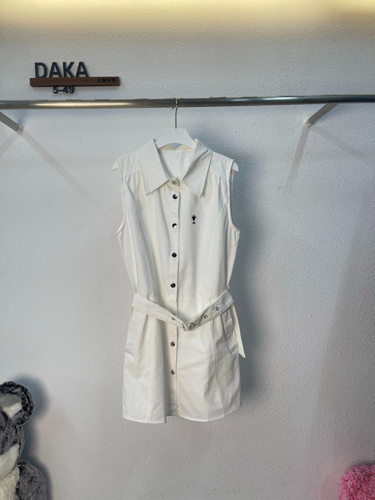 D 25 White Sleeveless Sleeveless Vest Waisted Shirt Dresses