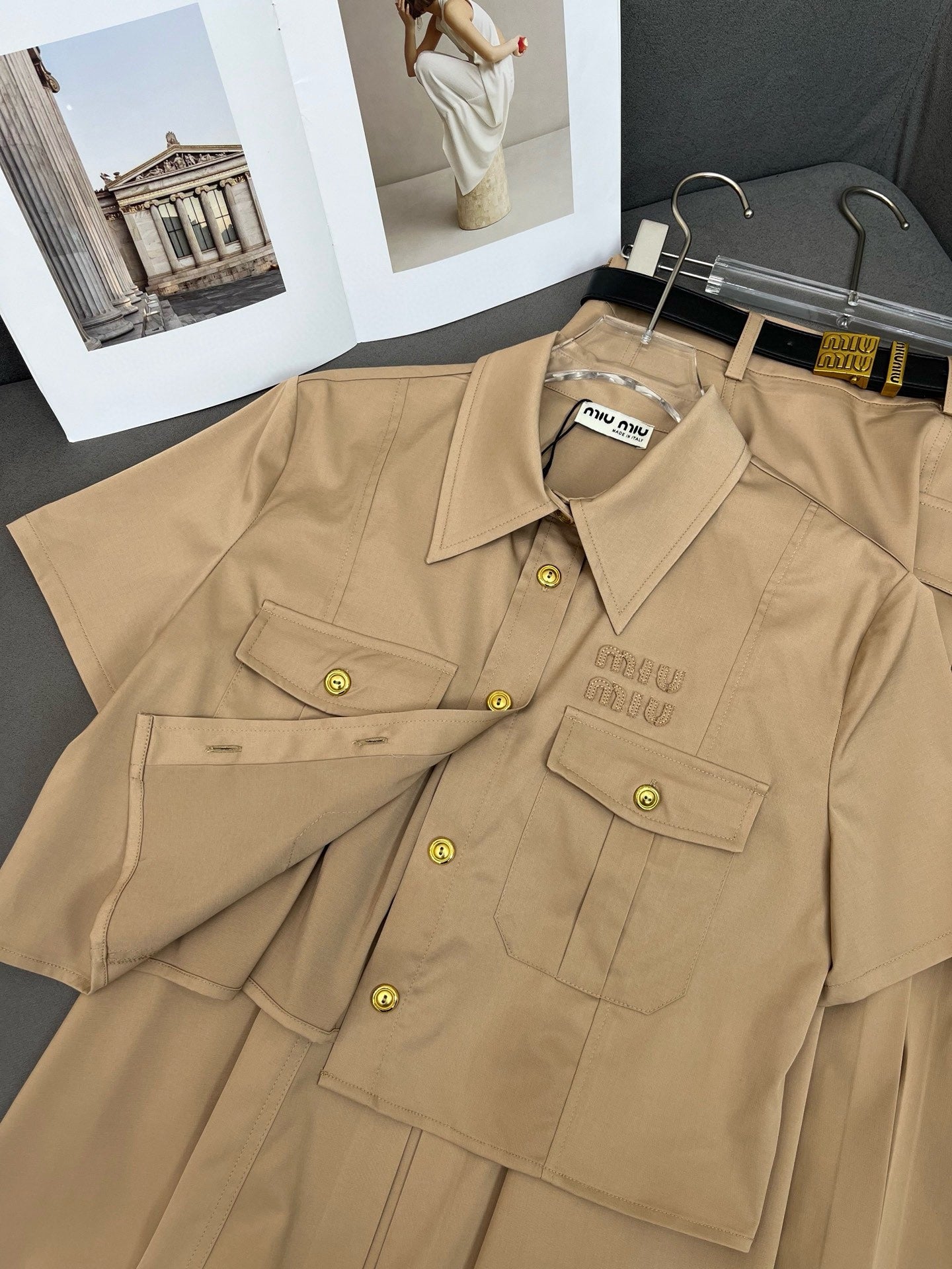 M 25 New Work Style Short Top + Skirt with Belt Set