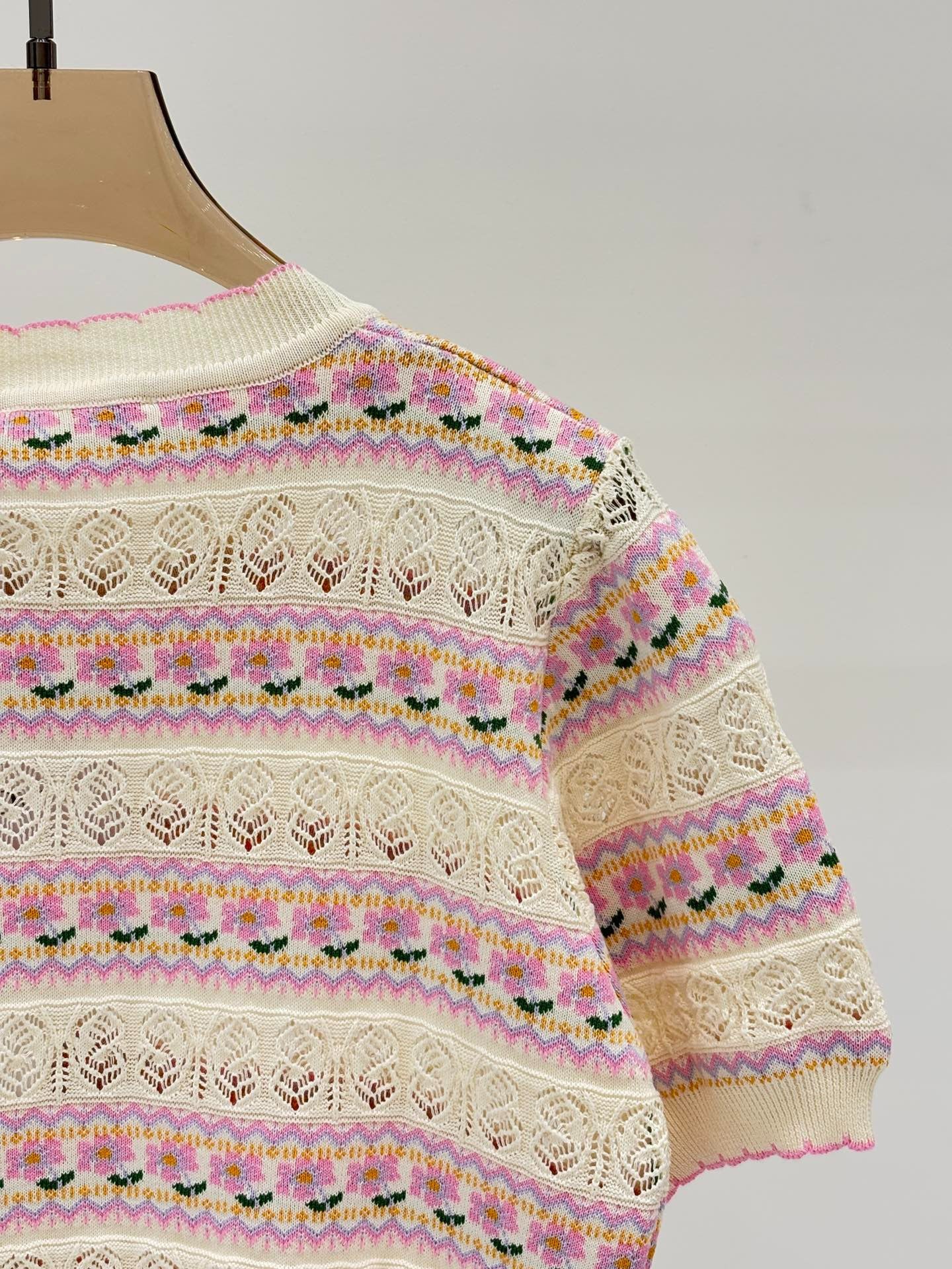 C 25 Spring and summer new round neck Striped hollow print Knit short sleeve
