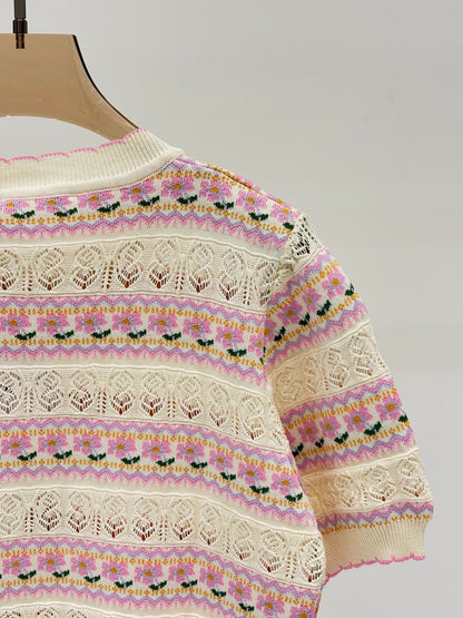 C 25 Spring and summer new round neck Striped hollow print Knit short sleeve