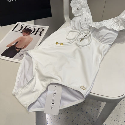D 25 Flower Shoulder White One-piece Swimsuit
