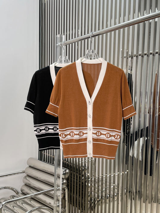 H 25 Jacquard V-Neck Short Sleeve Knit Cardigan