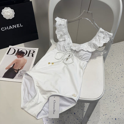 D 25 Flower Shoulder White One-piece Swimsuit