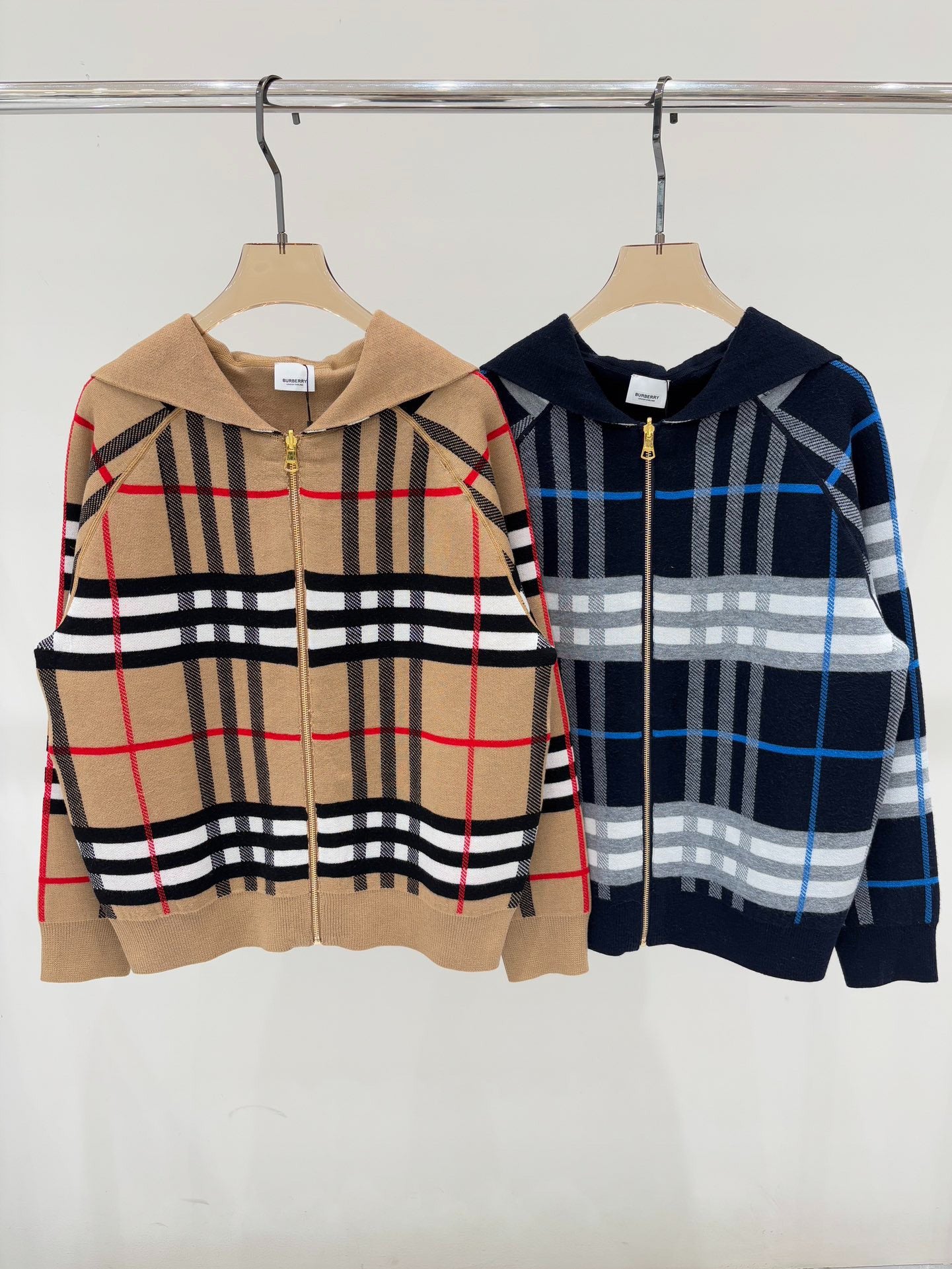 BU 25 Early Fall New Hooded Plaid Simple Two-Way Knit Jacket