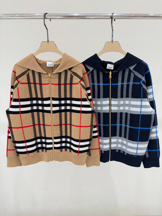 BU 25 Early Fall New Hooded Plaid Simple Two-Way Knit Jacket