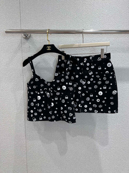 C 25Ss spring and summer new Printed denim suspenders + skirt
