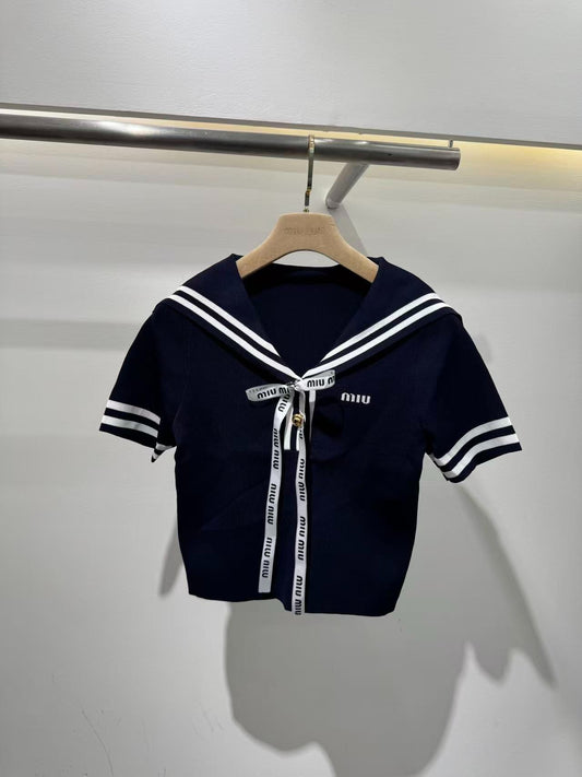 M 25 Knit Short Sleeve Navy Collar