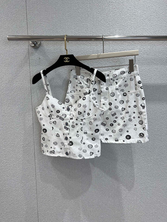 C 25Ss spring and summer new Printed denim suspenders + skirt