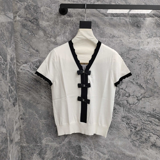 C 25 Black and White Color Clash Bow Knit Short Sleeve