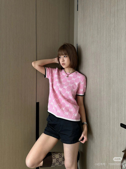 G 25 Frühen Frühling Neue Applizierte All-over-Print Casual Strick Kurzarm 