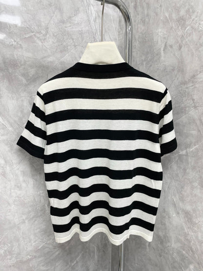 CE 25 New Classic Black and White Striped Arc de Triomphe Embroidered Short Sleeve