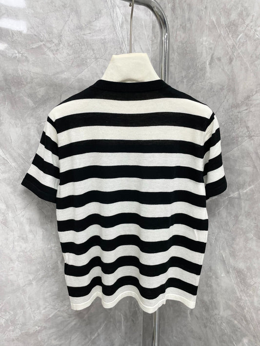 CE 25 New Classic Black and White Striped Arc de Triomphe Embroidered Short Sleeve