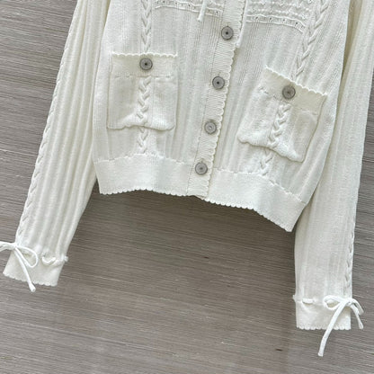 C 25 Pure White Simple Bow Cardigan