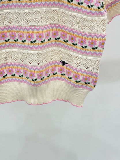 C 25 Spring and summer new round neck Striped hollow print Knit short sleeve