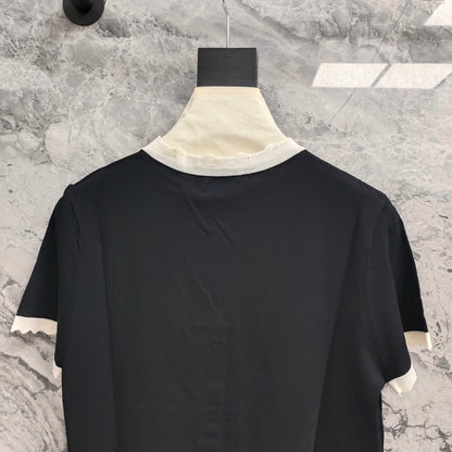 C 25 Black and White Color Clash Bow Knit Short Sleeve
